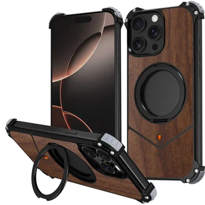 For iPhone 15 Pro Magnetic Case Wood Covered Metal Boardless Phone Back Cover with Kickstand - Black