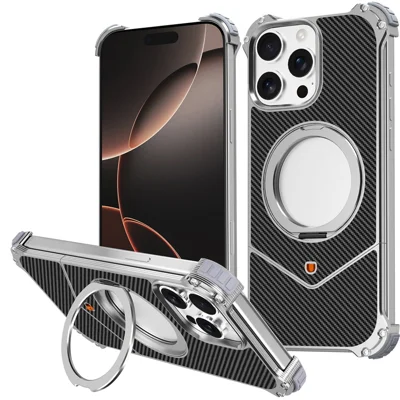 For iPhone 15 Pro Magnetic Case Carbon Fiber Texture PU + Metal Boardless Phone Back Cover with Kickstand - Silver