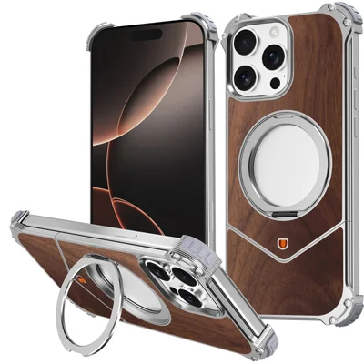 For iPhone 15 Pro Max Magnetic Case Wood Covered Metal Boardless Phone Back Cover with Kickstand - Silver