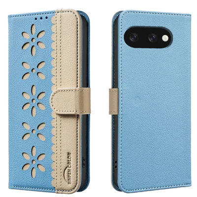 BINFEN COLOR For Google Pixel 9a Leather Case  BF36 Floral Pattern Phone Cover RFID Blocking Wallet Stand - Baby Blue