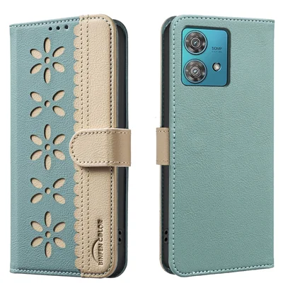 BINFEN COLOR For Motorola Edge 40 Neo 5G Leather Case  BF36 Floral Pattern Phone Cover RFID Blocking Wallet Stand - Green