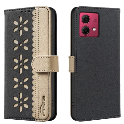BINFEN COLOR For Motorola Moto G84 5G Leather Case  BF36 Floral Pattern Phone Cover RFID Blocking Wallet Stand - Black