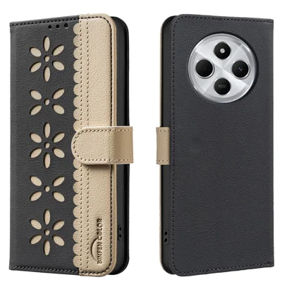 Leren hoesje voor Xiaomi Redmi 14C 4G / Xiaomi Poco C75 4G BINFEN COLOR BF36 telefoonhoesje met bloemenpatroon, RFID-blokkering, portemonnee en standaardfunctie - Zwart