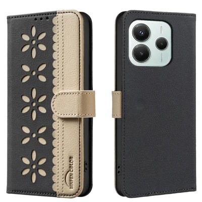 BINFEN COLOR For Xiaomi Poco M7 Pro 5G / Xiaomi Redmi Note 14 5G Leather Case  BF36 Floral Pattern Phone Cover RFID Blocking Wallet Stand - Black