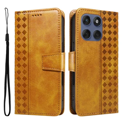 Voor Motorola Edge 60 Fusion 5G Leren Hoesje Portemonnee Stand Raster Afdruk Telefoonhoesje met Bandje - Geel