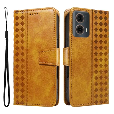 For Motorola Edge 50 Fusion 5G Leather Case Wallet Stand Grids Imprinted Phone Cover with Strap - Yellow