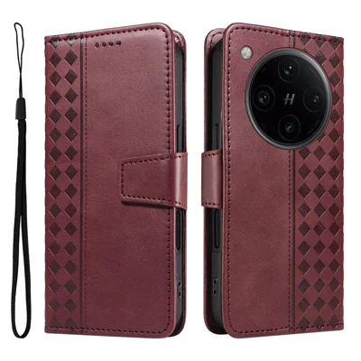 For Oppo Find X8 Pro 5G Leather Case Wallet Stand Grids Imprinted Phone Cover with Strap -  Wine Red