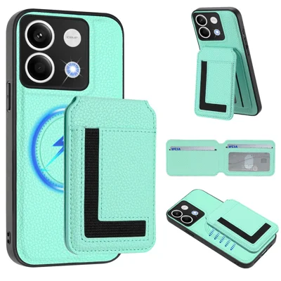 For Xiaomi Redmi Note 13 5G Magnetic Case TPU + PU Leather Phone Back Cover with Detachable Card Holder - Mint Green