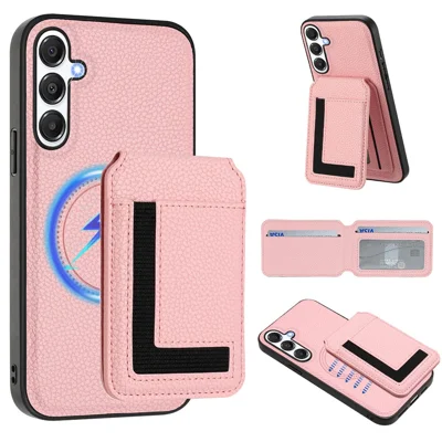 For Samsung Galaxy A25 5G (Global) (161.0 x 76.5 x 8.3mm) Magnetic Case TPU + PU Leather Phone Back Cover with Detachable Card Holder - Pink