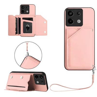 For Xiaomi Poco X6 5G / Xiaomi Redmi Note 13 Pro 5G Case Card Holder Kickstand Skin-Touch Phone Cover with Wrist Strap - Pink