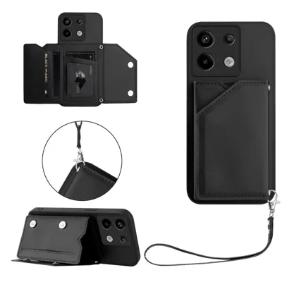 For Xiaomi Poco X6 5G / Xiaomi Redmi Note 13 Pro 5G Case Card Holder Kickstand Skin-Touch Phone Cover with Wrist Strap - Black