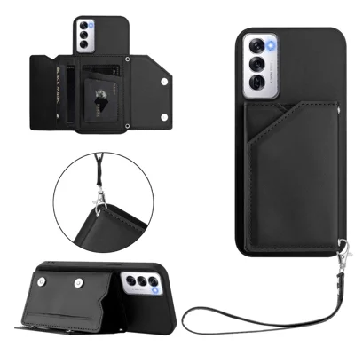 For Oppo Reno12 5G (Global) Case Card Holder Kickstand Skin-Touch Phone Cover with Wrist Strap - Black