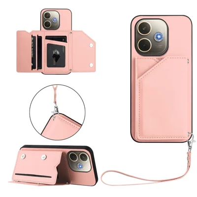 For Oppo A5 Pro 4G (Global) / Oppo A5 Pro 5G (Global) Case Card Holder Kickstand Skin-Touch Phone Cover with Wrist Strap - Pink