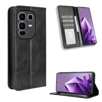 For Infinix Note 50 Pro+ 5G Leather Case Wallet Stand Retro Texture Phone Cover - Black