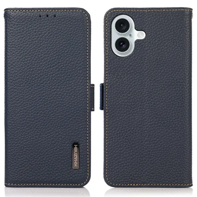 KHAZNEH for iPhone 17 Phone Case RFID Blocking Wallet Litchi Texture Genuine Cow Leather Cover - Blue
