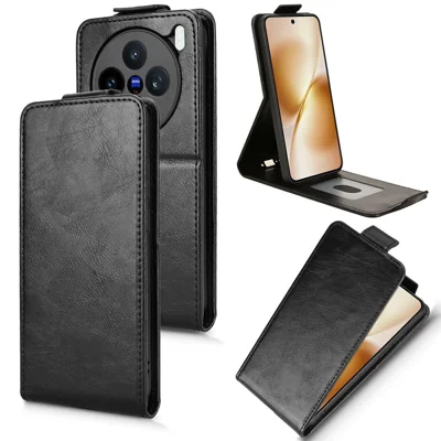 For vivo X200s 5G Stand Case Magnetic Clasp Vertical Flip Leather Phone Cover with Card Holder - Black