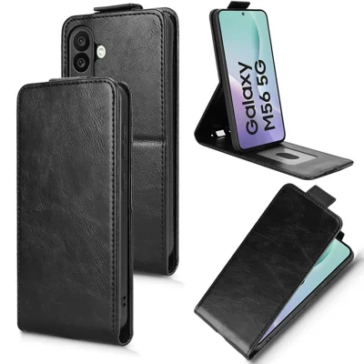 For Samsung Galaxy M56 5G Stand Case Magnetic Clasp Vertical Flip Leather Phone Cover with Card Holder - Black