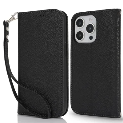 Stand Case for iPhone 13 Pro Max / 12 Pro Max Litchi Texture Leather Flip Phone Cover with Strap  /  Wallet - Black