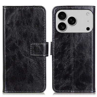 Voor iPhone 17 Pro Max hoesje portemonnee lederen telefoonhoes Crazy Horse structuur - Zwart
