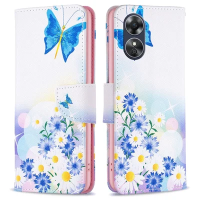 Coque de téléphone pour Oppo A17 4G, coque portefeuille en cuir PU avec motif imprimé et support - Papillon et fleurs