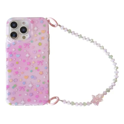 For iPhone 16 Pro Case IMD Star Design TPU Phone Cover with Beaded Strap - Pink