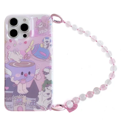 For iPhone 15 Pro Max Case IMD Cartoon Pattern TPU Phone Cover with Beaded Strap - Animal Collection