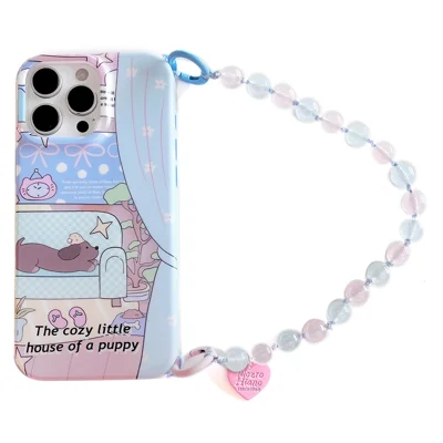 For iPhone 15 Pro Case IMD Cartoon Pattern TPU Phone Cover with Beaded Strap - Dachshund
