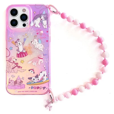 For iPhone 15 Pro Case IMD Cartoon Dogs TPU Phone Cover with Beaded Strap