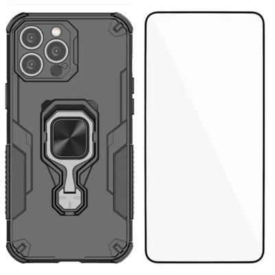 WANLONFENG For iPhone 14 Pro Max Phone Case  PC TPU Back Cover Kickstand with Tempered Glass - Black