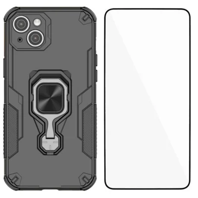 WANLONFENG For iPhone 15 Plus Phone Case  PC TPU Back Cover Kickstand with Tempered Glass - Black