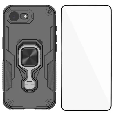 Futerał na iPhone 16e WANLONFENG PC TPU, tylna pokrywa z podstawką i szkłem hartowanym - Czarny