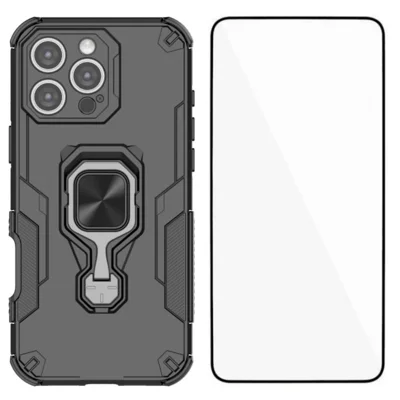 WANLONFENG For iPhone 16 Pro Max Phone Case  PC TPU Back Cover Kickstand with Tempered Glass - Black