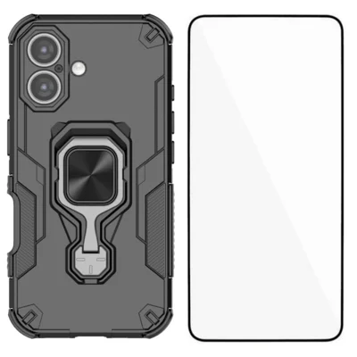 WANLONFENG For iPhone 16 Plus Phone Case  PC TPU Back Cover Kickstand with Tempered Glass - Black