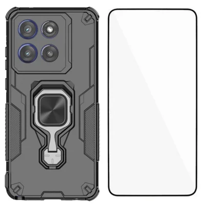 WANLONFENG For Motorola Edge 60 Stylus 5G Phone Case  PC TPU Back Cover Kickstand with Tempered Glass - Black