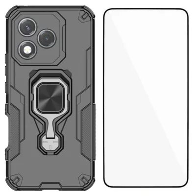 WANLONFENG For Honor 400 Lite 5G Phone Case  PC TPU Back Cover Kickstand with Tempered Glass - Black