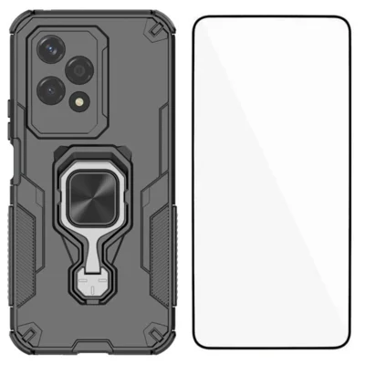 WANLONFENG For Honor 200 Lite Phone Case  PC TPU Back Cover Kickstand with Tempered Glass - Black