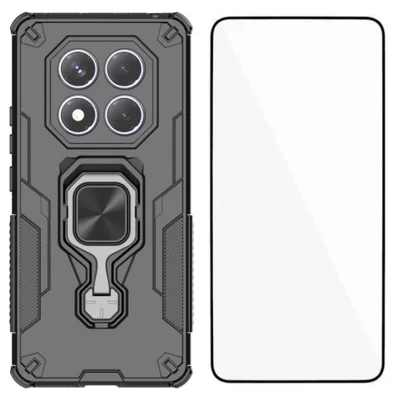 WANLONFENG For Xiaomi Redmi Note 14 Pro 4G Phone Case  PC TPU Back Cover Kickstand with Tempered Glass - Black