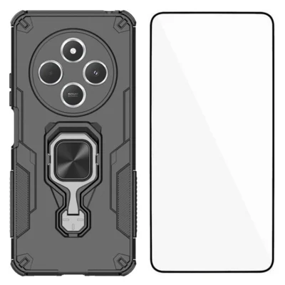 WANLONFENG For Xiaomi Redmi 14C 4G / Xiaomi Redmi 14R 5G Phone Case  PC TPU Back Cover Kickstand with Tempered Glass - Black