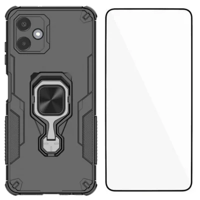 WANLONFENG For Samsung Galaxy A06 4G Phone Case  PC TPU Back Cover Kickstand with Tempered Glass - Black