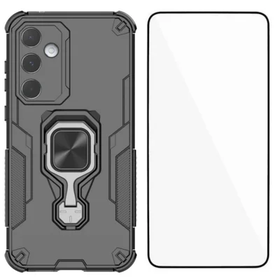 WANLONFENG For Samsung Galaxy A55 5G Phone Case  PC TPU Back Cover Kickstand with Tempered Glass - Black
