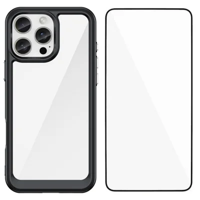 WANLONFENG For iPhone 16 Pro Max Phone Case  XC Series TPU Acrylic Cover with Tempered Glass (Big Lens Hole) - Black