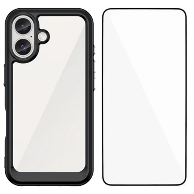 WANLONFENG For iPhone 16 Plus Phone Case  XC Series TPU Acrylic Cover with Tempered Glass (Big Lens Hole) - Black