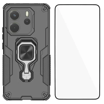 WANLONFENG For Xiaomi Redmi Note 14 4G (163.25mm) Phone Case  PC TPU Back Cover Kickstand with Tempered Glass - Black