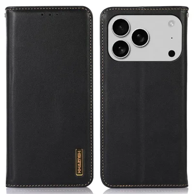 KHAZNEH For iPhone 18 Pro Max / 17 Pro Max Case Wallet Genuine Cow Leather Phone Cover Nappa Texture - Black
