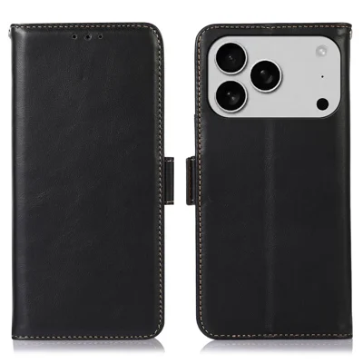 Voor iPhone 17 Pro hoesje RFID-blokkering Echt Rundleer Portemonnee Telefoonhoes - Zwart