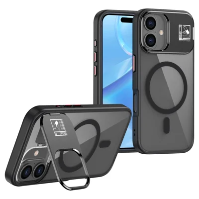 For iPhone 16 Magnetic Case TPU + Acrylic Kickstand Phone Cover with Glass Lens Film - Black