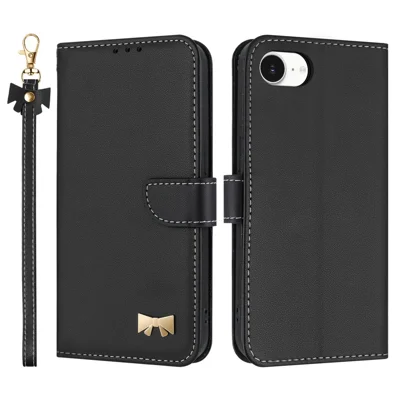 For iPhone 16e hoesje met strikdecoratie portemonnee lederen telefoonhoes met polsbandje - Zwart