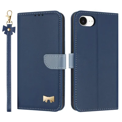 For iPhone 16e hoesje met strikdecoratie, portemonnee, lederen telefoonhoes met polsbandje - donkerblauw