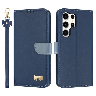 Samsung Galaxy S25 Ultra-hoesje met strikversiering, portemonnee, lederen telefoonhoes met polsbandje - donkerblauw