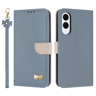 For Samsung Galaxy S25 Edge Case Bowknot Decor Wallet Leather Phone Cover with Wrist Strap - Baby Blue